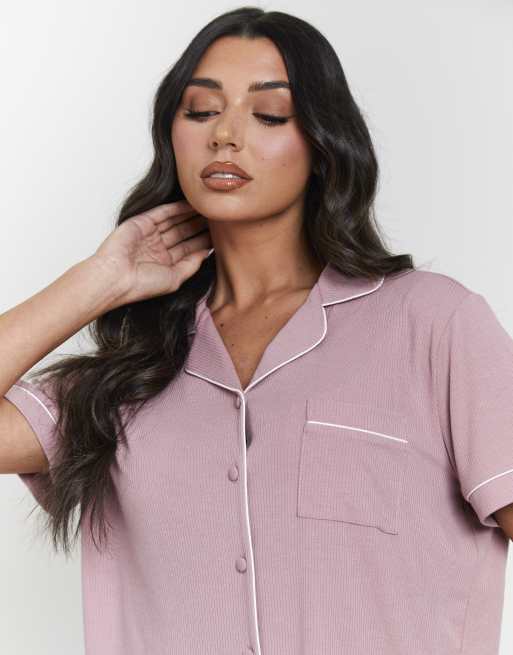 Loungeable Ladies traditional rib short pyjama set in pink, 3 of 7