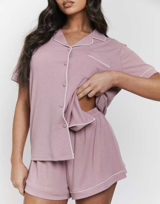 Loungeable Ladies traditional rib short pyjama set in pink, 4 of 7