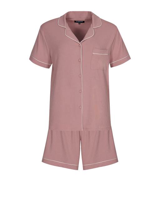 Loungeable Ladies traditional rib short pyjama set in pink, 6 of 7