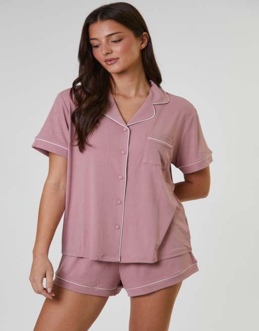 Loungeable Ladies traditional rib short pyjama set in pink, 7 of 7