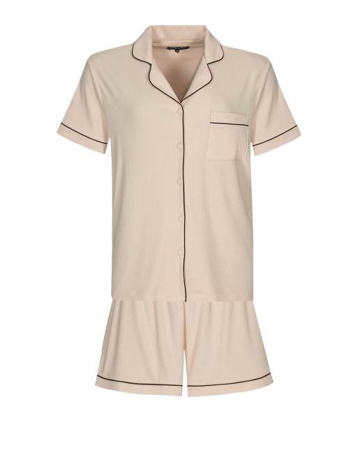 Loungeable Ladies traditional rib short  pyjama set in vanilla, 5 of 7