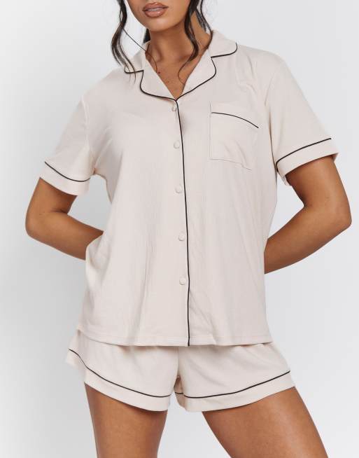 Loungeable Ladies traditional rib short sleeve shirt and shorts pyjama set in vanilla