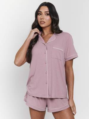 Loungeable Ladies traditional rib short sleeve shirt and shorts pyjama set rib short sleeve traditional shirt and shorts in pink | ASOS