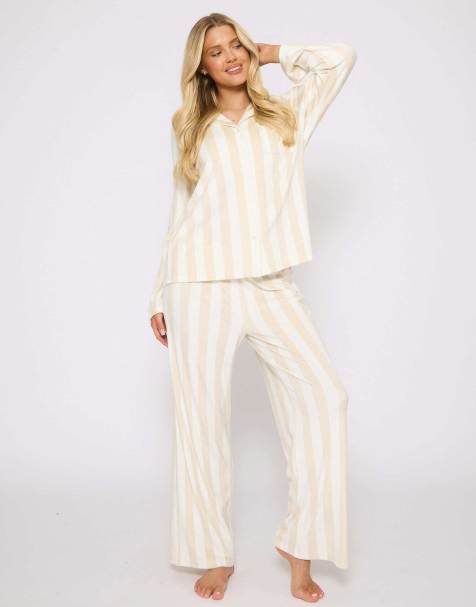 Loungeable Ladies velour pyjama striped velour traditional pyjama set in taupe - view 1