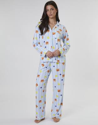 Loungeable - Langärmliger Pyjama in Blau mit Pfannkuchen-Frühstück-Muster