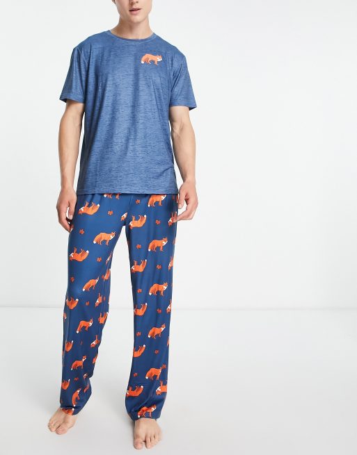 Loungeable - Lange pyjamaset met vossen-print in marineblauw