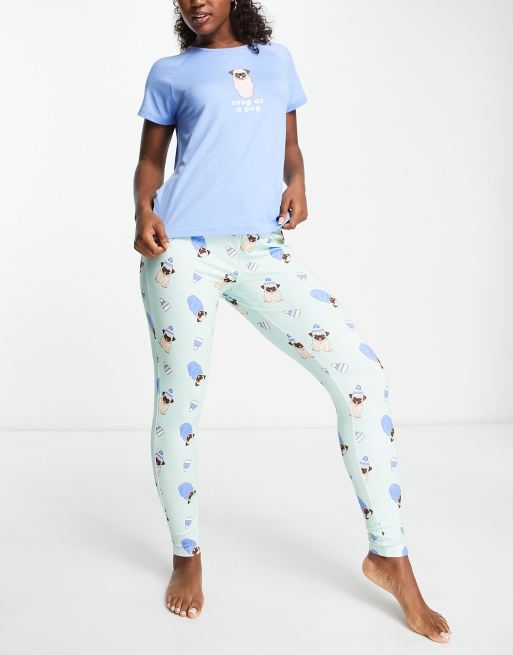 Loungeable - Langt pyjamassæt med Snug Pug-print i mint og blå
