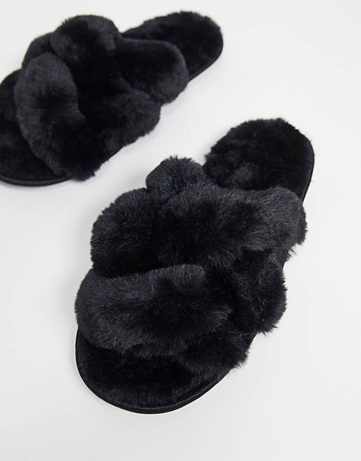 Loungeable lattice detail faux fur slippers in black