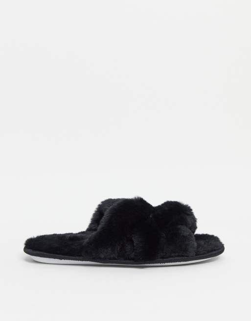 Loungeable lattice detail faux fur slippers in black, 2 of 4