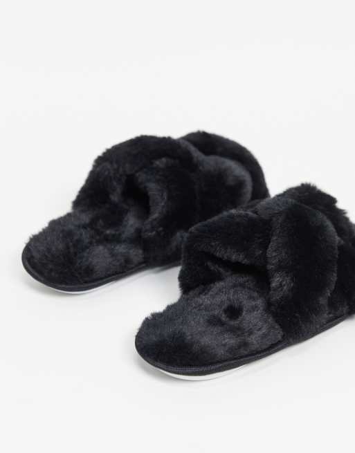 Loungeable lattice detail faux fur slippers in black, 3 of 4