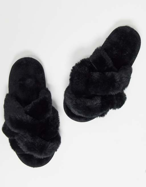 Loungeable lattice detail faux fur slippers in black, 4 of 4