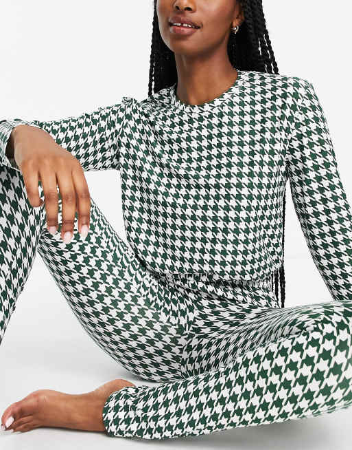 Loungeable legging pyjama set in green houndstooth
