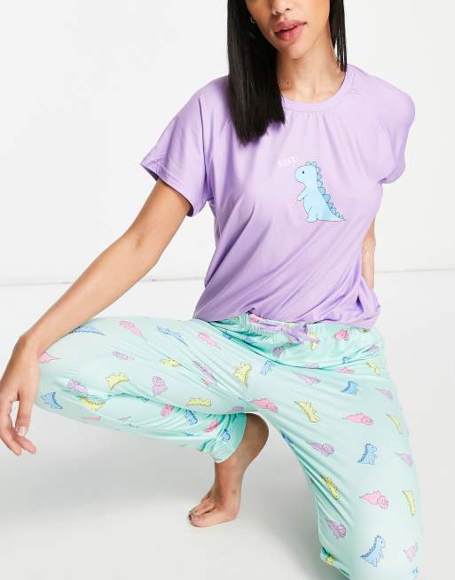 Loungeable - Leggings del pigiama viola e verde menta con dinosauri