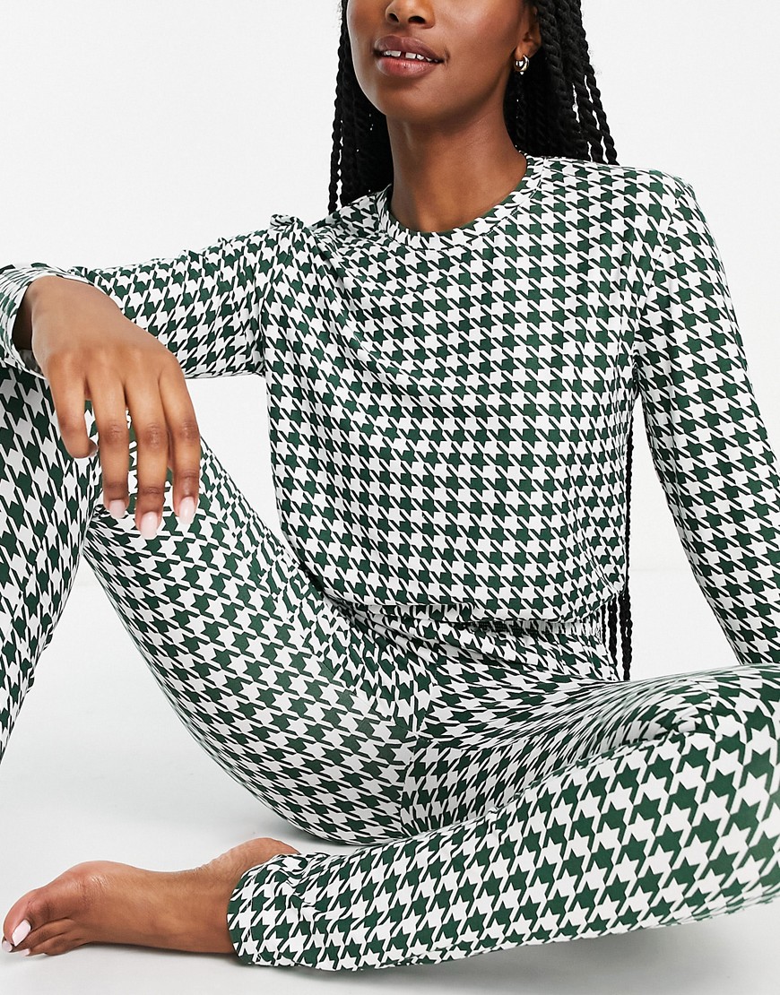 Loungeable leggings pajama set in green houndstooth