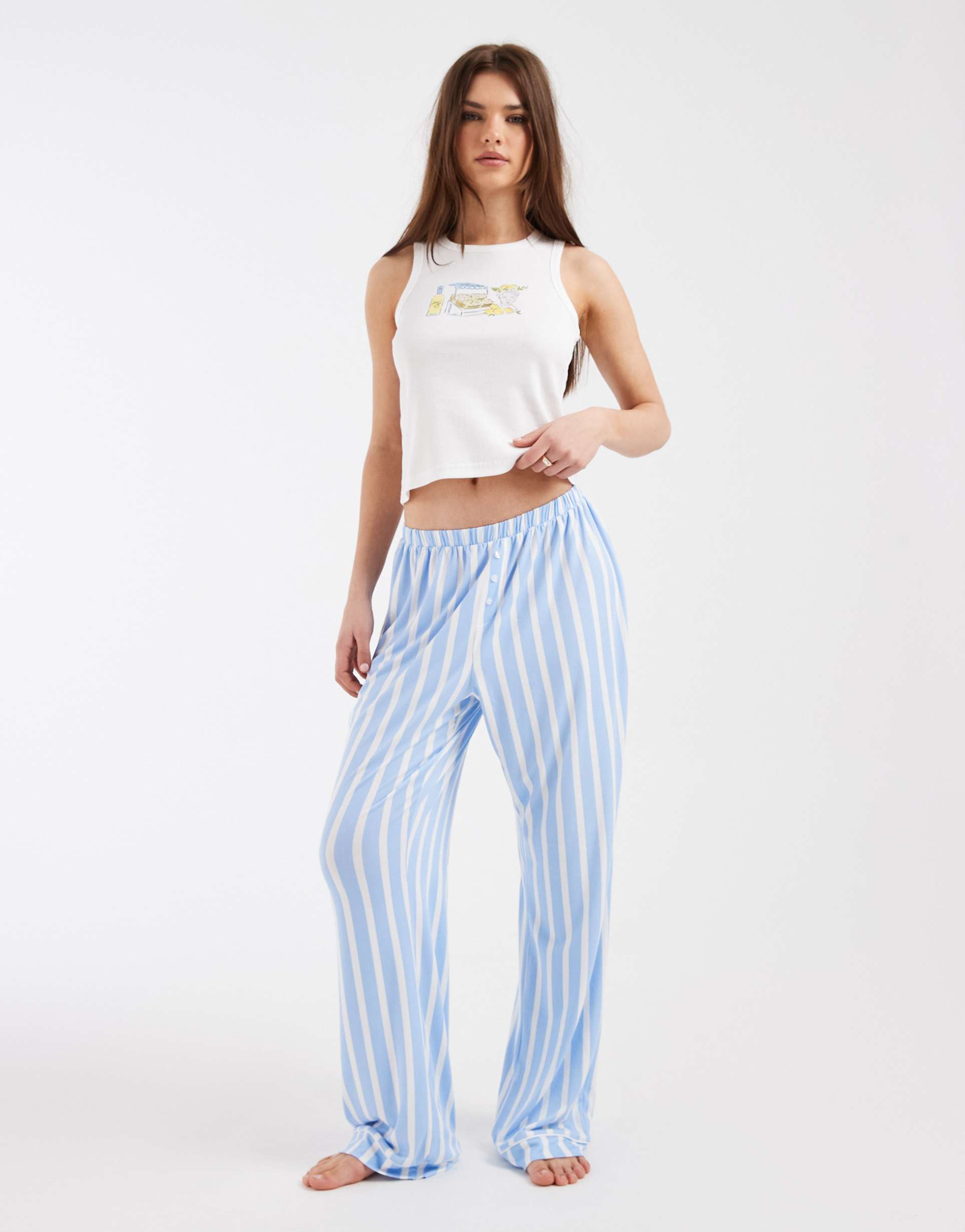 loungeable lemon print rib knit tank top and jersey pants pajama set in blue stripes