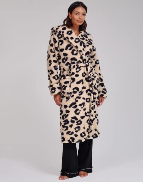 Loungeable Leopard print cosy borg fleece midi hooded dressing gown in leopard - view 1