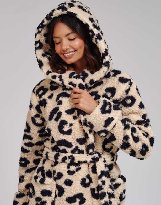 Loungeable Leopard print cosy borg fleece midi hooded dressing gown in leopard, 3 of 5