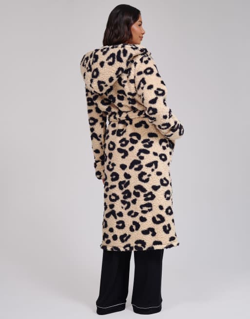 Loungeable Leopard print cosy borg fleece midi hooded dressing gown in leopard, 5 of 5