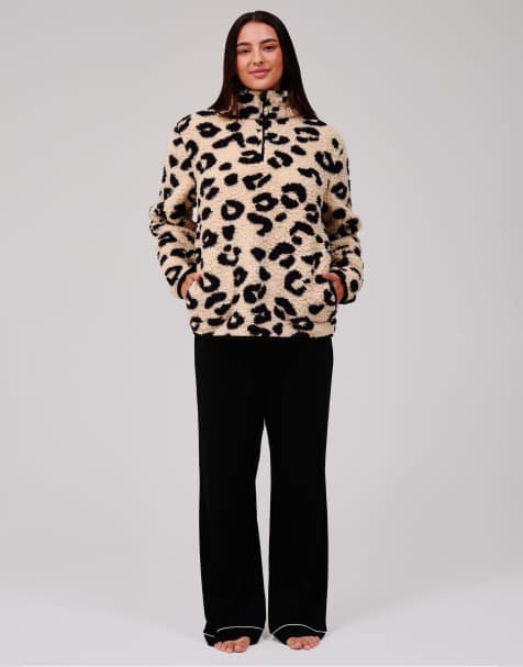 Loungeable Leopard print cosy borg fleece quarter zip lounge jumper in leopard - view 1