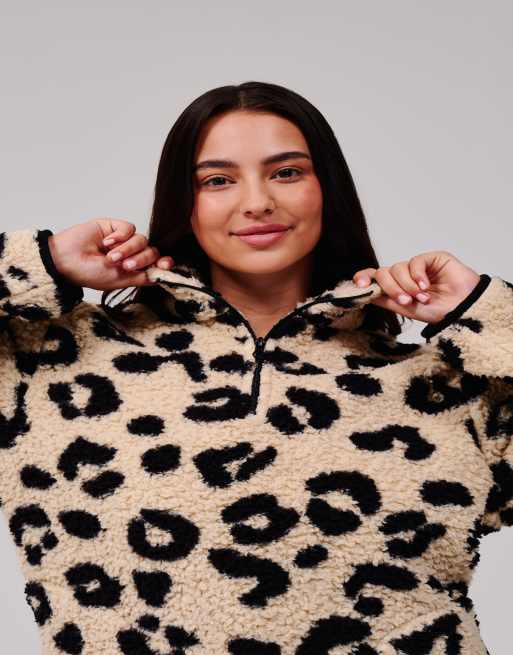 Loungeable Leopard print cosy borg fleece quarter zip lounge jumper in leopard, 2 of 7