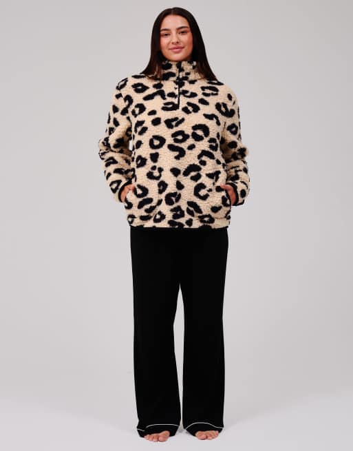 Loungeable Leopard print cosy borg fleece quarter zip lounge jumper in leopard, 3 of 7