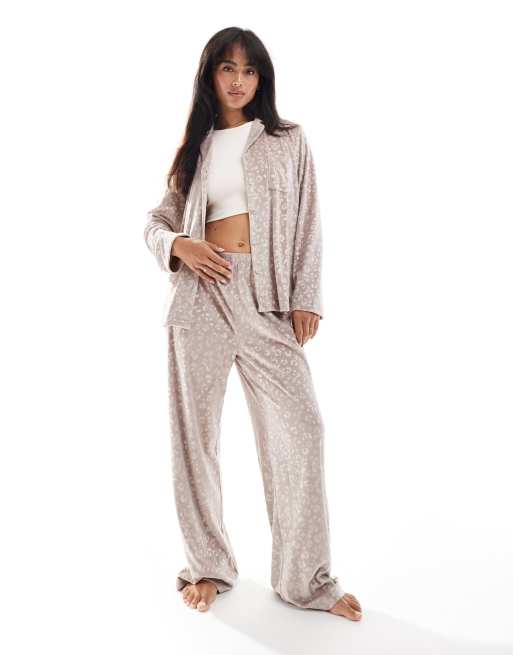 Loungeable Leopard velour long sleeve buttoned pyjamas trouser set in taupe