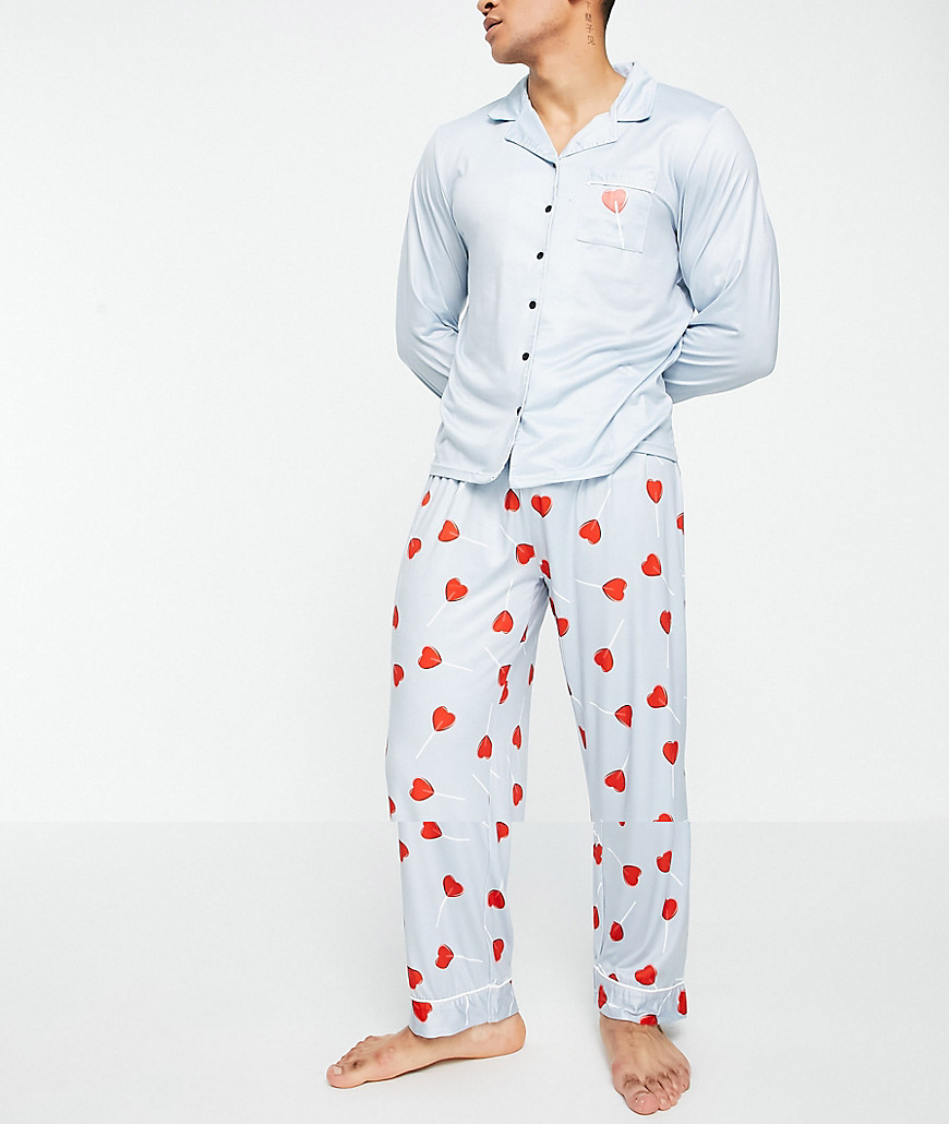 Loungeable lolly heart valentines traditional pajamas in blue
