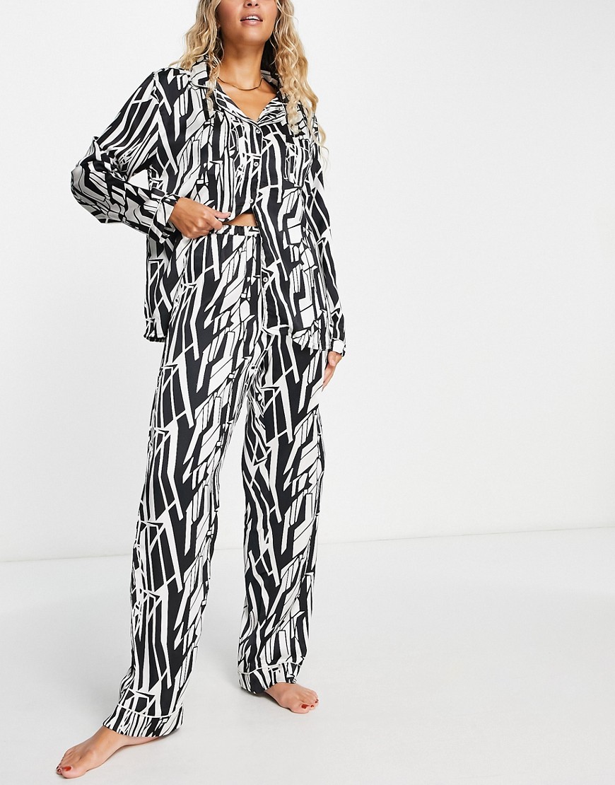 Loungeable long button through pajama set in cream and black abstract print-White