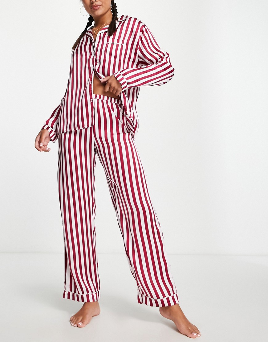 Loungeable long button through pajama set in cream and red stripe print