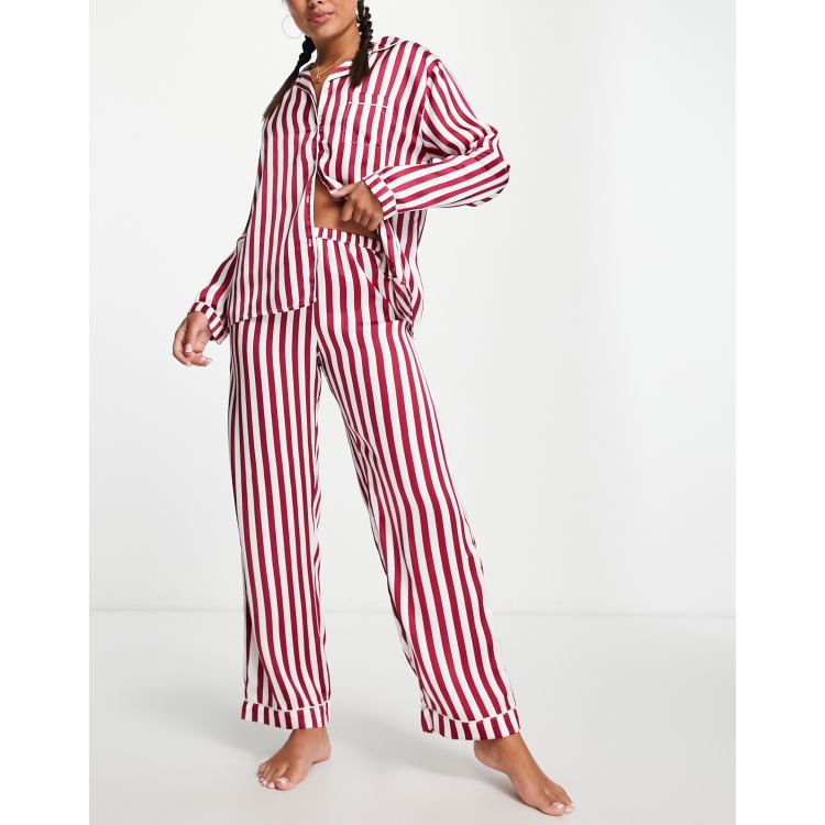 ASOS DESIGN satin stripe shirt & pants pajama set in pink & red