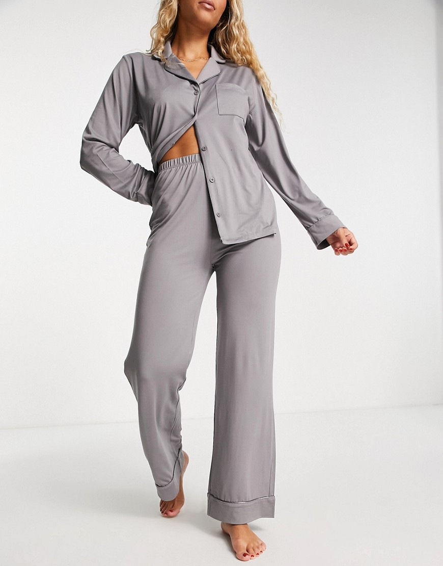 Loungeable long button through pajama set in dark gray-Neutral