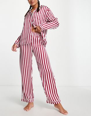 Loungeable long button through pyjama set in cream and red stripe print