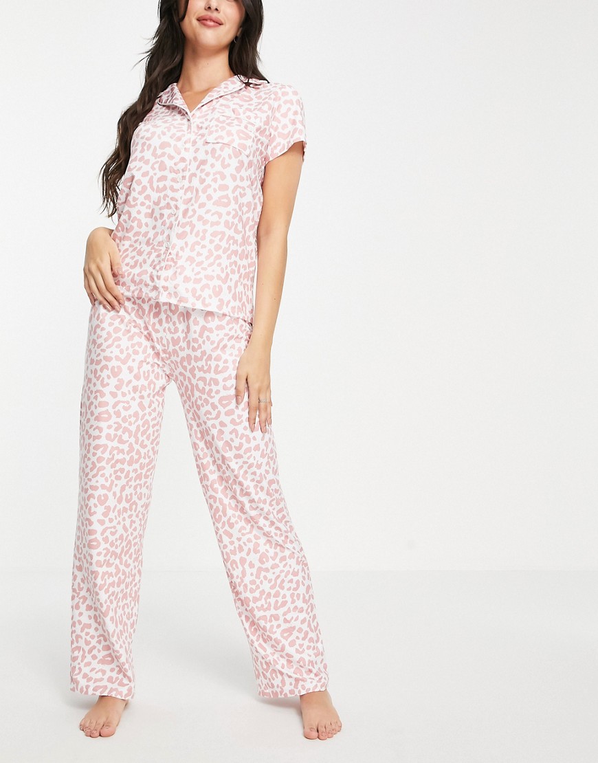 Loungeable long pajama set in pink leopard-Multi