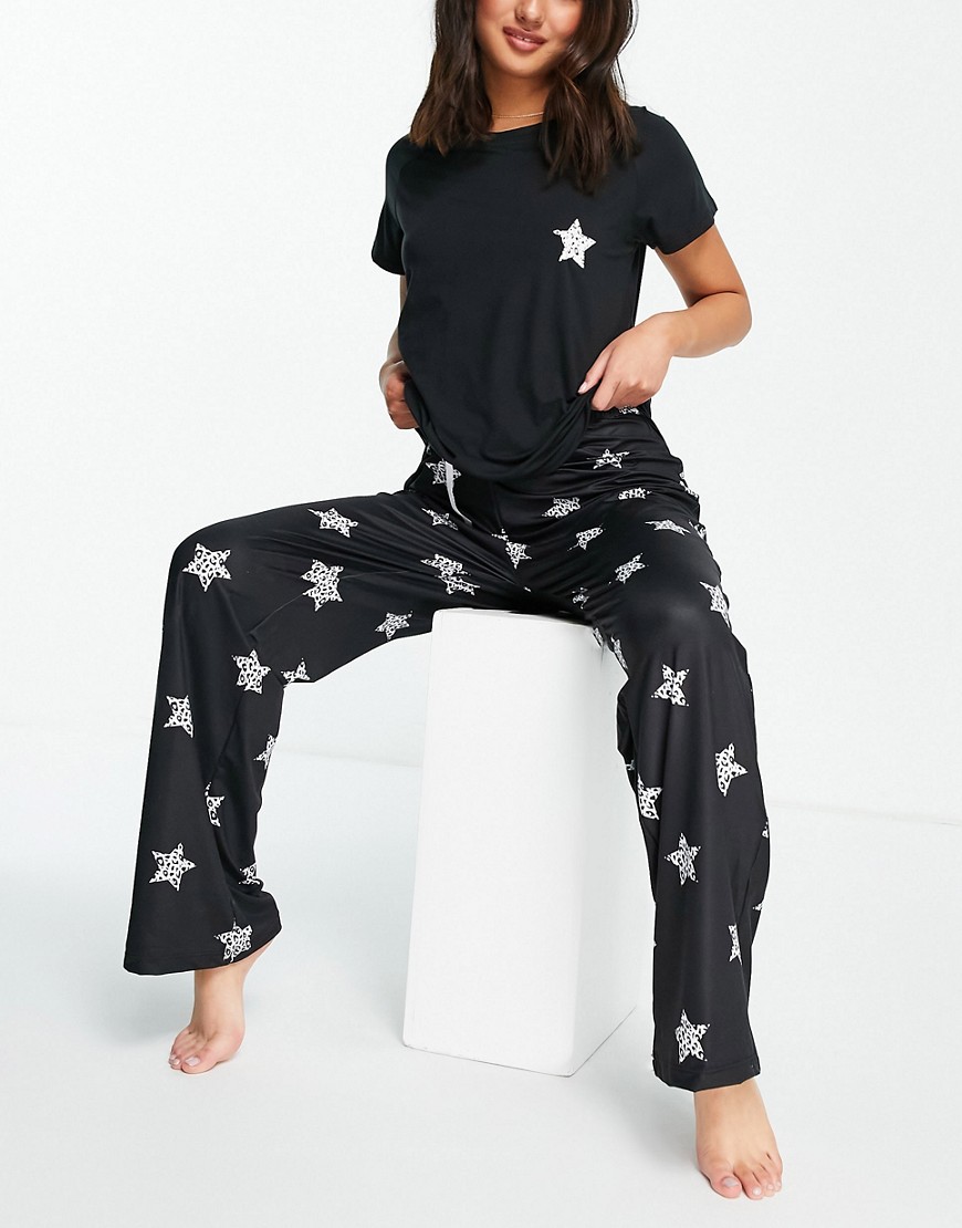 Loungeable long pajama set with star print in black-Multi