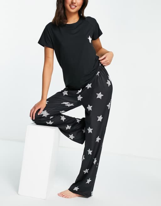 Loungeable Pink Super Soft Ribbed Trouser Pyjama Set with Star Print