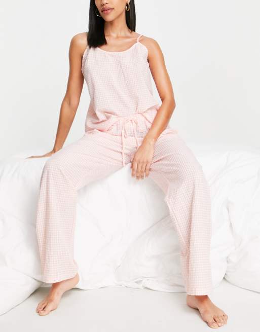 Loungeable long pyjama set in pink gingham check 