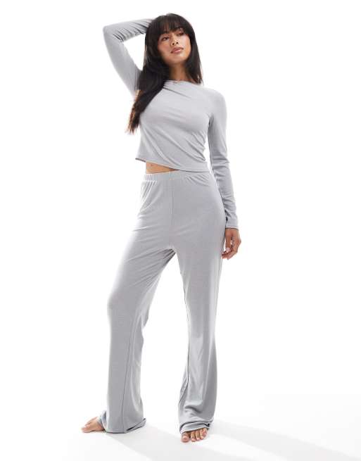 Loungeable Long sleeve top flare legging lounge set in silver