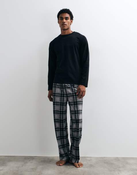 Loungeable long sleeved t-shirt and check trouser pyjama set in grey - view 1