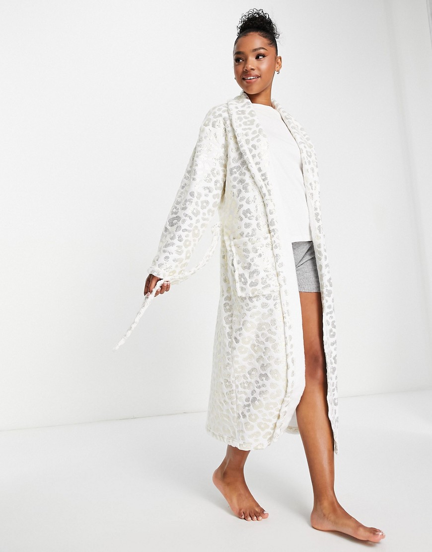 longline leopard foil robe in cream-White