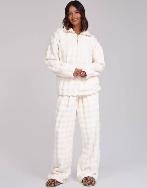 Loungeable Luxury bubble fleece quarter zip and trouser lounge set in cream, 2 of 7