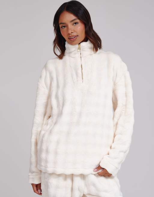 Loungeable Luxury bubble fleece quarter zip and trouser lounge set in cream, 4 of 7