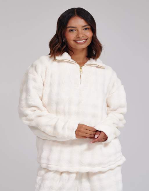 Loungeable Luxury bubble fleece quarter zip and trouser lounge set in cream, 6 of 7