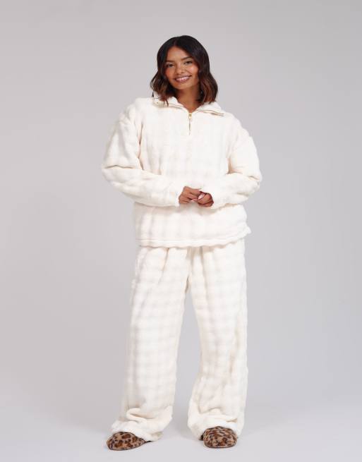 Loungeable Luxury bubble fleece quarter zip and trouser lounge set in cream, 7 of 7