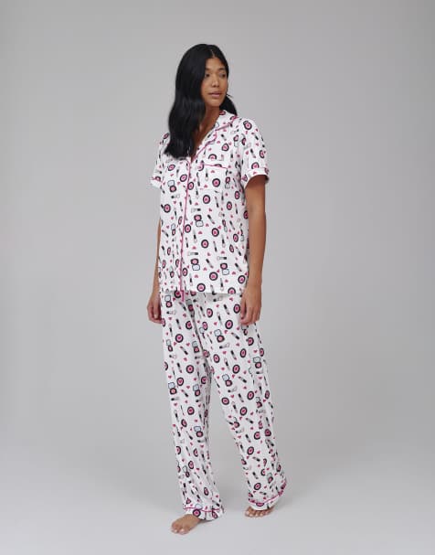 Loungeable Make up shirt and trouser pj set in pink - view 1