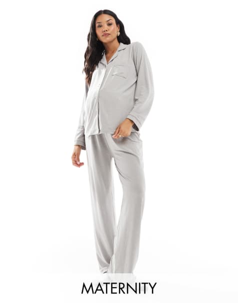 Loungeable – Mammakläder – Gråmelerad, supermjuk jerseypyjamas med topp med resortkrage, vida byxor och passpoaldetaljer - view 1
