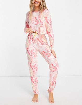 Loungeable marble crop top and legging pyjama set in pink and orange
