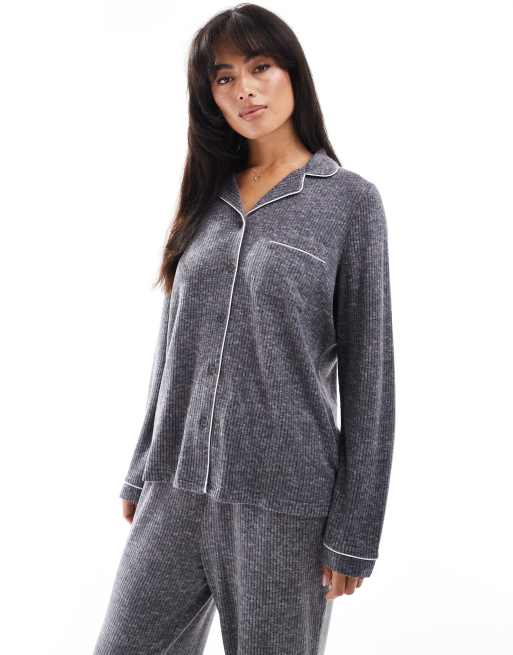 Loungeable Marl brushed rib long sleeve buttoned pyjamas in charcoal