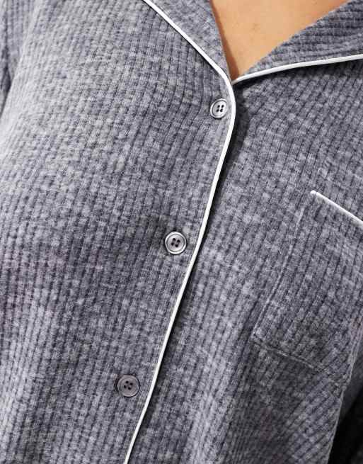 Loungeable Marl brushed rib long sleeve buttoned pyjamas in charcoal, 3 of 4