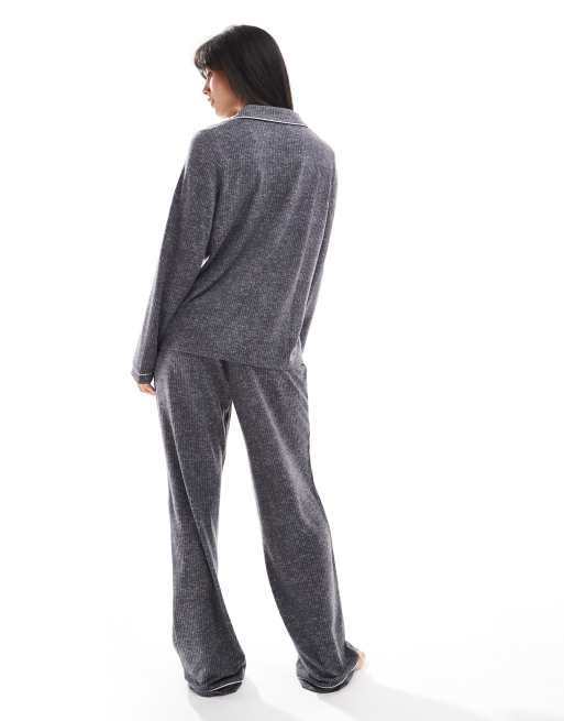 Loungeable Marl brushed rib long sleeve buttoned pyjamas in charcoal, 4 of 4