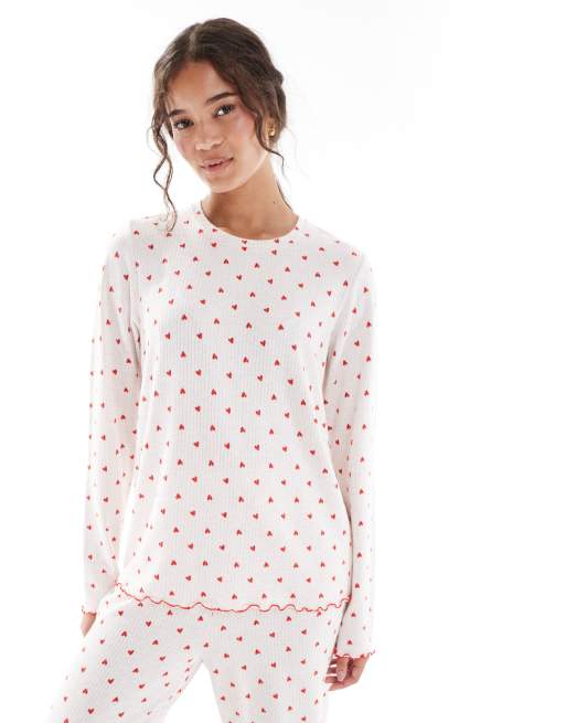 Loungeable marl brushed rib long sleeve top and pants set in cream heart print